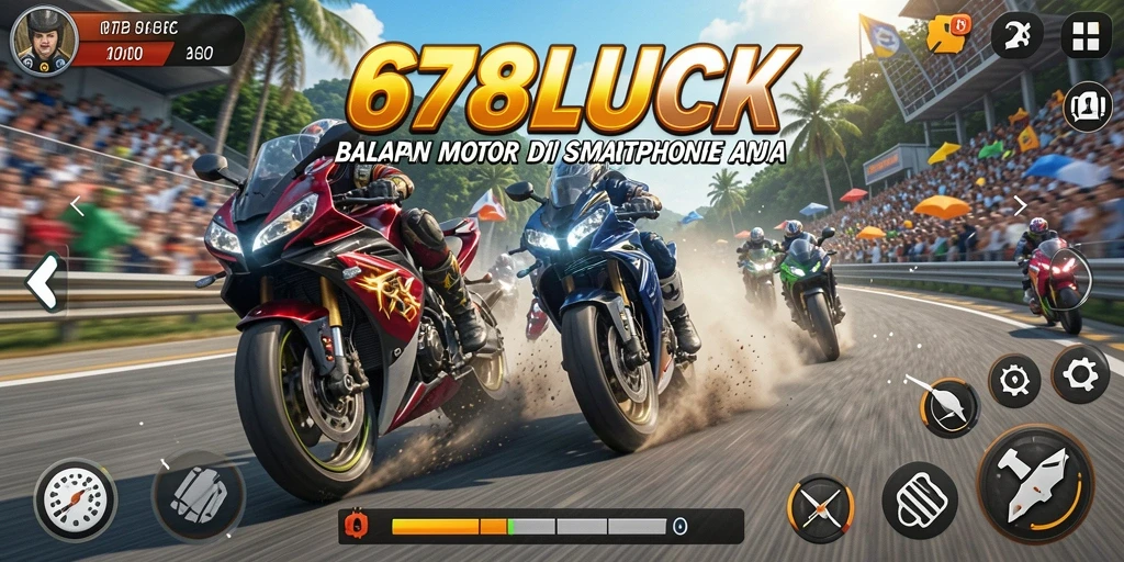 Screenshot permainan 678LUCK menampilkan aksi balapan motor yang mendebarkan.