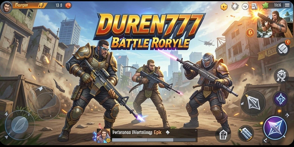 Tangkapan layar gameplay <strong>DUREN777</strong> yang menunjukkan aksi penuh ketegangan dalam pertarungan Battle Royale.