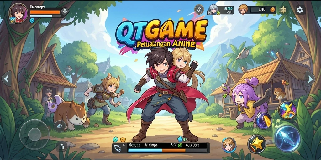 Tampilan gameplay QTGAME dengan karakter anime yang colorful.